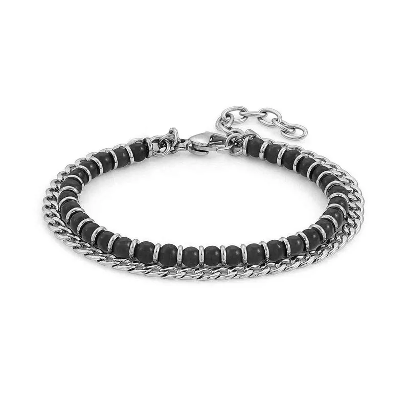 

Runda Fashion Black Natural Stone Bead Bracelet for Men Stainless Steel Women Bracelets Jewelry