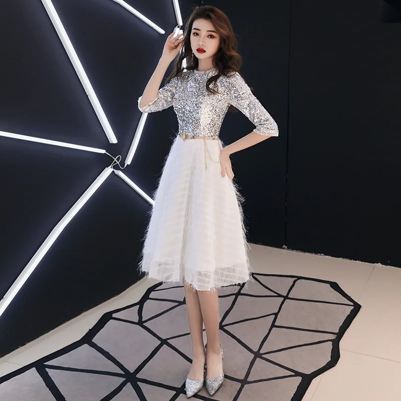 Женское короткое вечернее платье с круглым вырезом и блестками|Женские платья| |