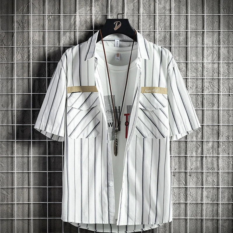 

Mens Summer Short Sleeve Casual Shirts Harajuku Striped Print Letters Embroidery Blouse Flap Chest Pocket Loose T-Shirt