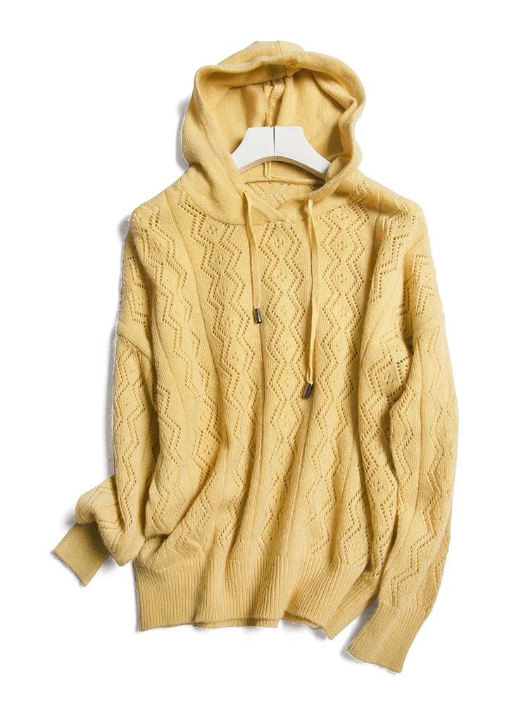 

New Winter Autumn Women and Hooded Loose Pullover Hollow Out Knitted Sweater Spring/Autumn Casual Top Yellow