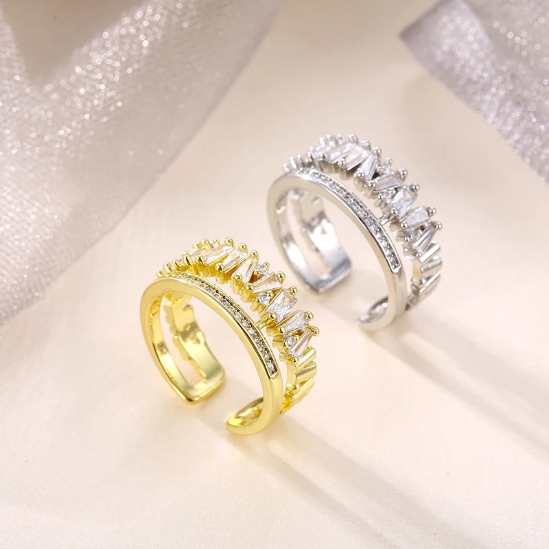 

2021 New Fashion Luxury Zircon Gold Double Student Opening Rings For Woman Gothic Finger Jewelry Wedding Party Girl's Sexy Ring