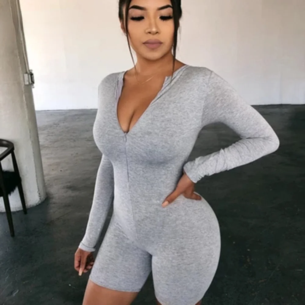 

Cotton Bodycon Playsuit Women Sexy Tight Jumpsuit 2021 Zip Up Jumpsuits Shorts Rompers Women Clothing Fashion Bodysuits
