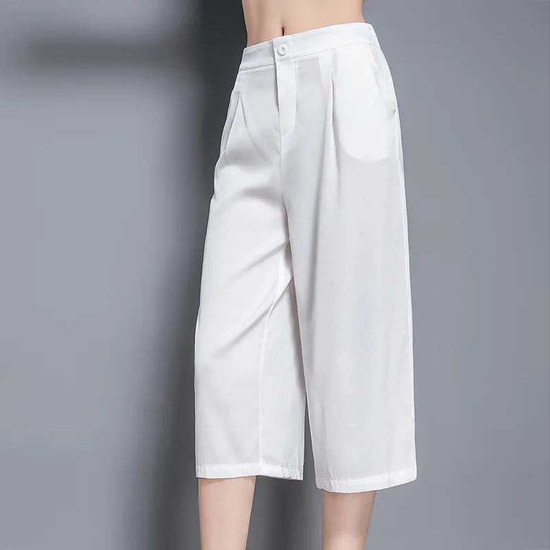 NS143   Silk pants women's elastic waist down fashion wide leg pants mulberry silk white Capris