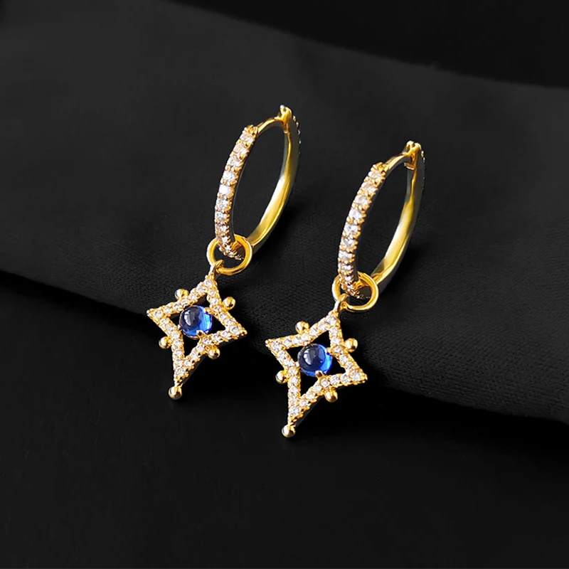 

S925 Sterling Silver Earrings Compass Star Hoop Earrings Lapis Lazuli Yellow Silver Collection Roma Luxury Jewelry For Women New