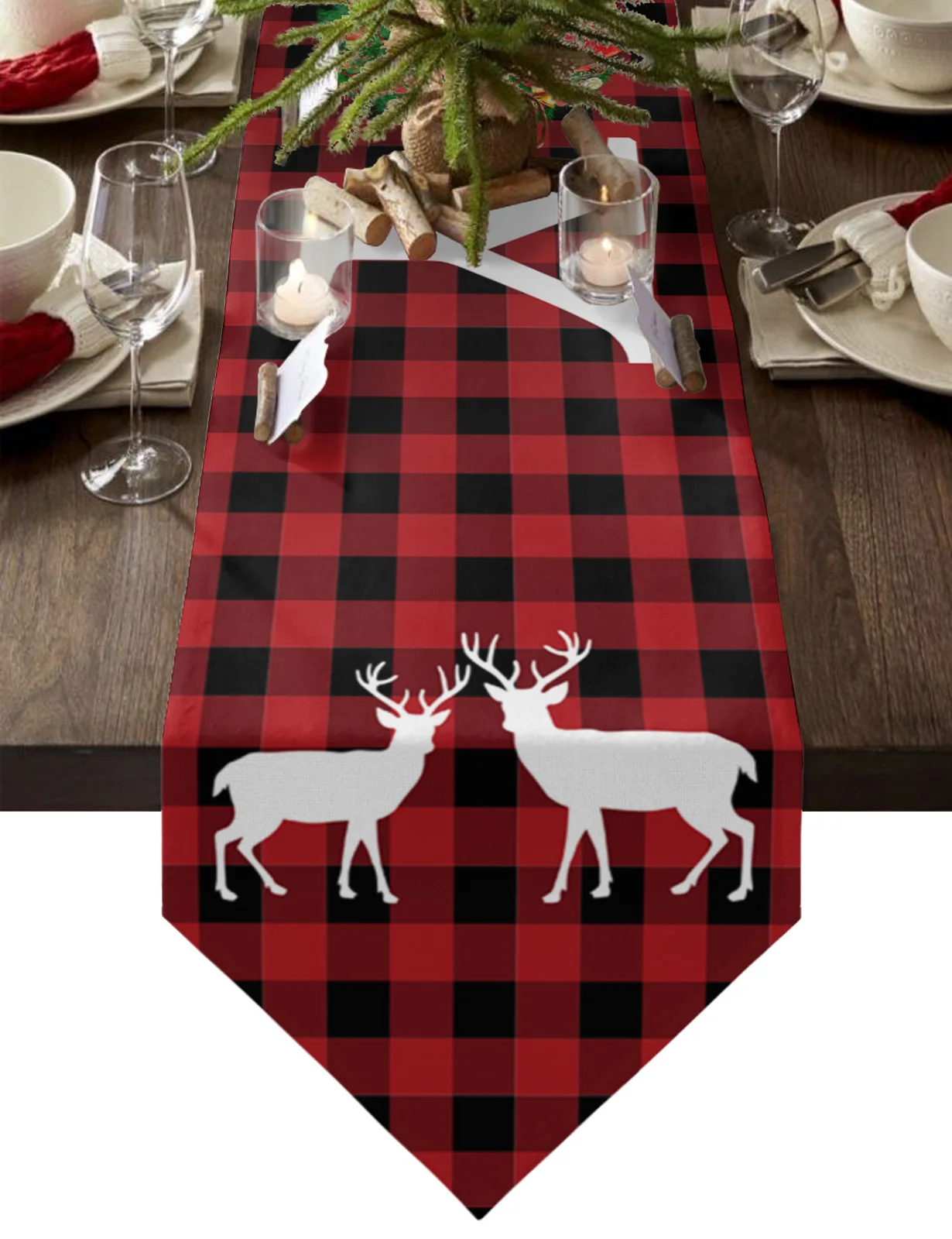 

Winter Elk Christmas Wreath Red Plaid Joy Table Runners Wedding Party Table Decorations for Home Tablecloth New Year Xmas Gifts