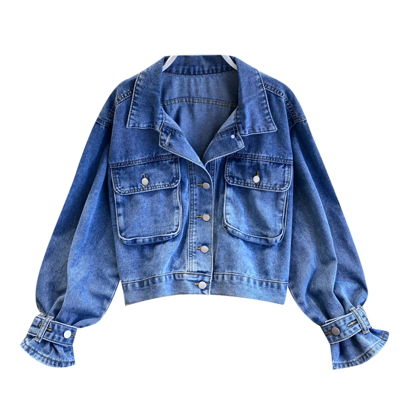 

SHENGPALAE 2021 Spring Female Turn Down Collar Single Breasted Long Sleeve Minimalist Gradients Loose Denim Jacket Coat Women