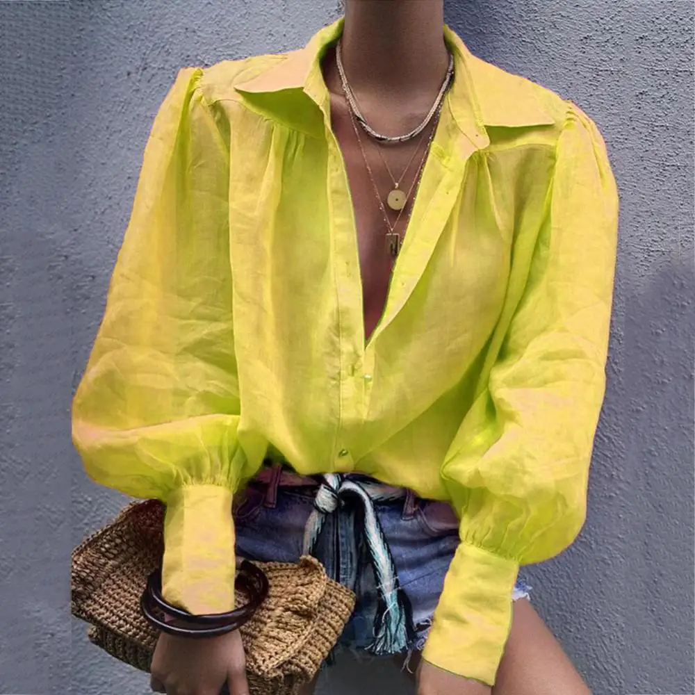 Блузка женская на пуговицах с пышными рукавами отложным воротником - купить по