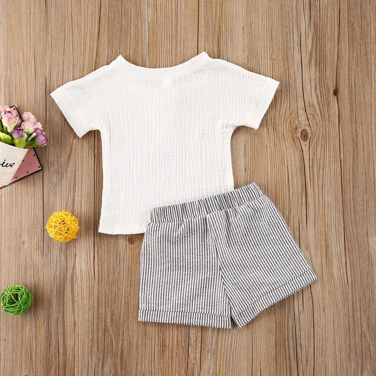 

6M-3Y Kid Baby Boys Girls Clothes Sets White Button Short Sleeve T Shirts Tops+Striped Pants