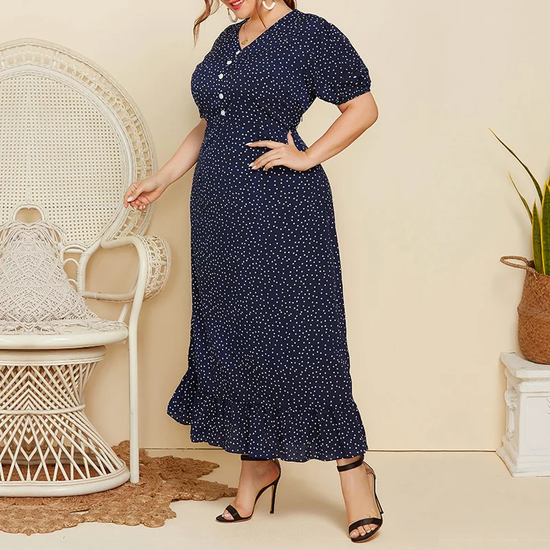 

Summer Printed Dress Puff Sleeve Button Ladies V-neck Casual Elegant Retro Ruffled Hem Dress plus size Ladies Long Dress