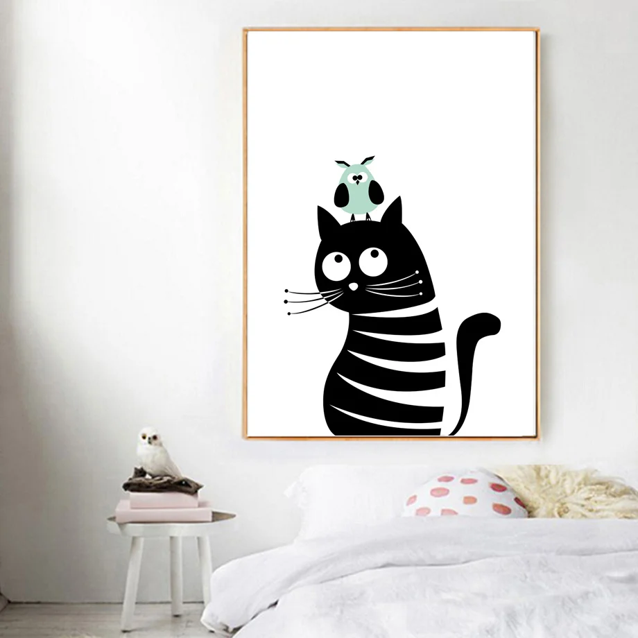 Настенная Картина на холсте черная белая кошка животные постеры и принты для
