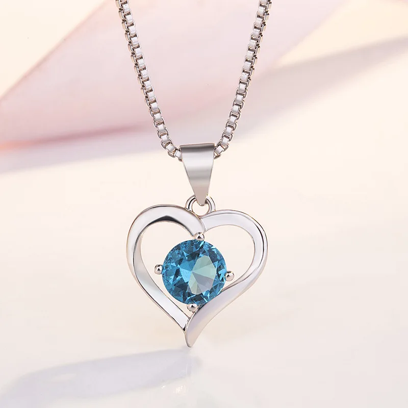 

Trendy Blue Zircon Heart Pendants Necklaces 925 Sterling Silver Link Chain Choker Necklaces For Women Girl Party Fine Jewelry