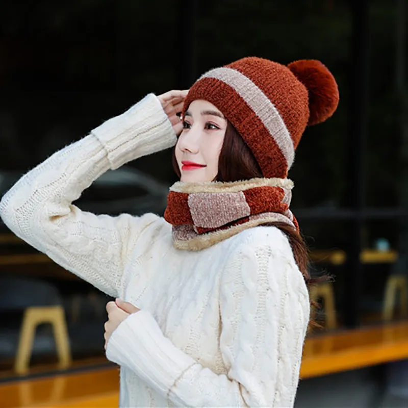 

Wholesale hat ladies winter plus velvet thick warm bib hat set wild mixed color wool cap Korean version of the tide