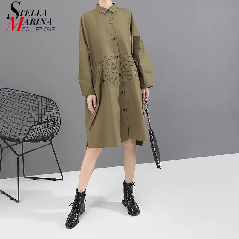 * 2019 женское осеннее армейское зеленое ретрорубашка с длинными рукавами платье