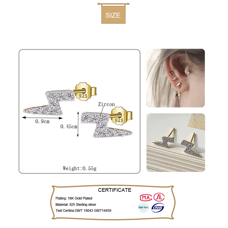 ElfoPlataSi Genuine 925 Sterling Silver Minimalist Gold Lightning Dazzling CZ Stud Earring For Women Fine Jewelry Brincos DS1812 | Украшения