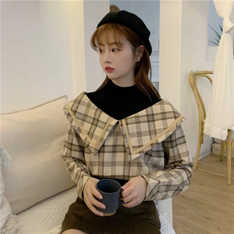 

fake two pieces patchwork plaid ladies tops Korean casual turtleneck long sleeve blouse Women's Clothing sweet style Shirts new