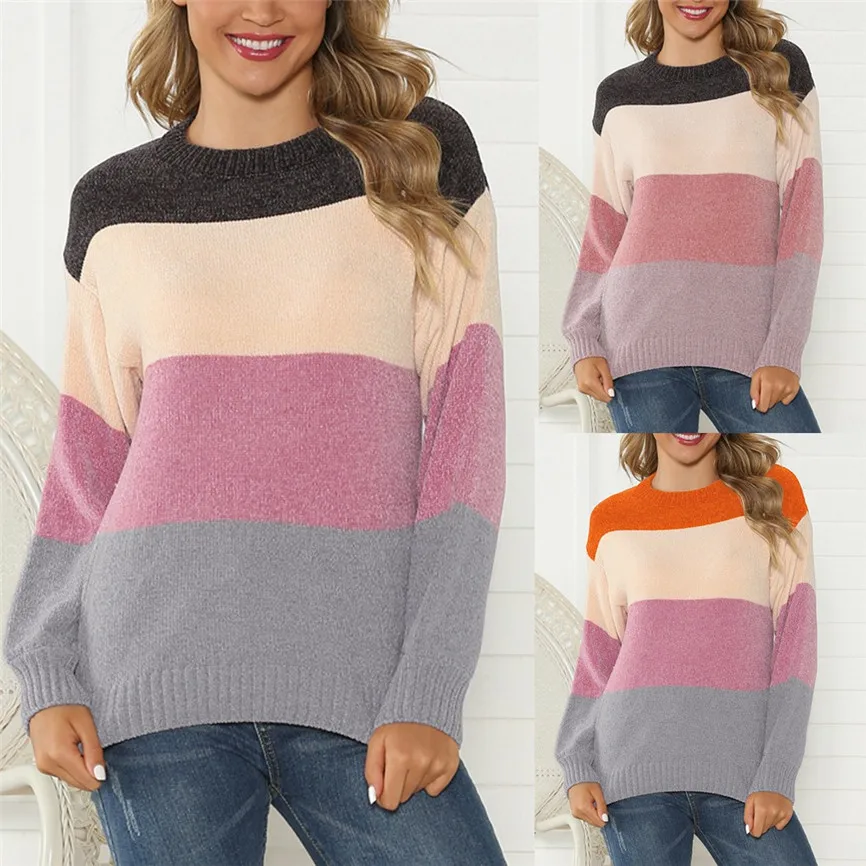 Women Harajuku Striped Sweater Casual O-Neck Pullover Patchwork long Sleeve Knitted Loose Tops Korean oversized sweater | Женская одежда