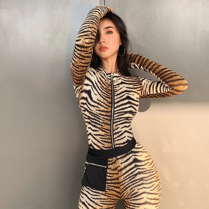 Бодикон с принтом тигра длинным рукавом на молнии дизайнерский