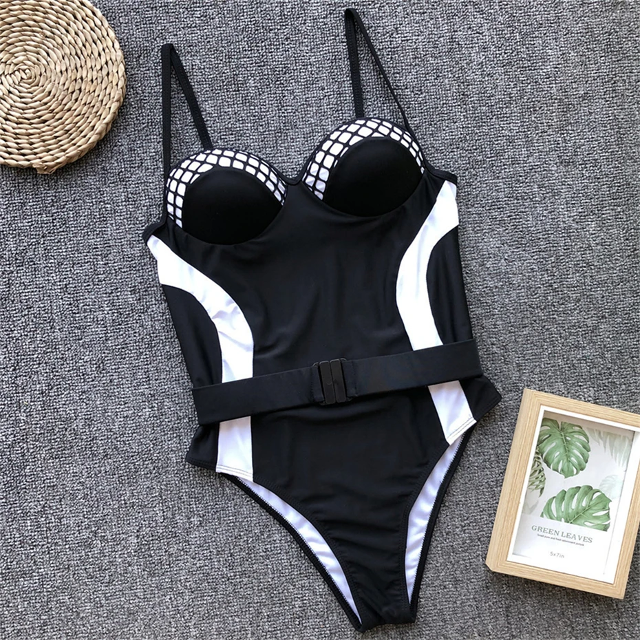

Sexy One piece swimsuit Underwire Swimwear women Push up bathing suits Patchwork Belt Bodysuit Leopard brazil bikini 2020 mujer