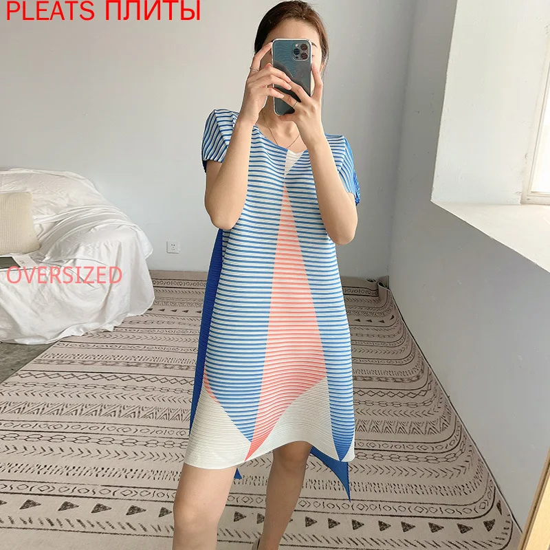 

Miyake Striped Pleated Dress Women Summer New Fashion Loose Casual Round Neck Temperament Short Dresses Women PLEATS Shein