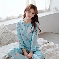 maidy female pajama sets printing satin silk long sleeve v neck pajamas for women underwear femme womens home clothes top pants