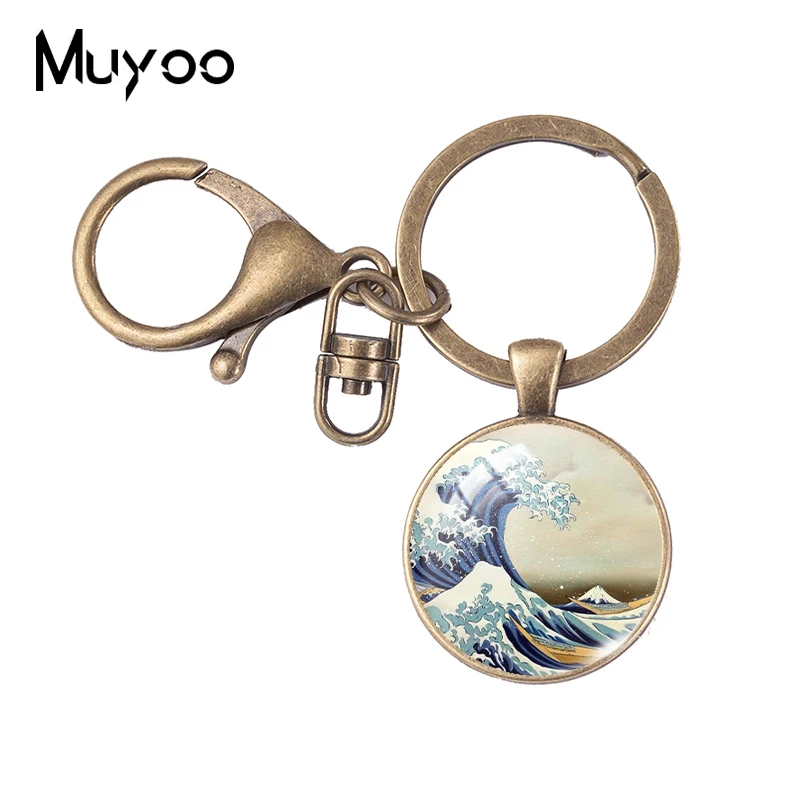 

2021 New The Great Wave off Kanagawa Keychain Photo Glass Cabochon Jewelry Round Keyring Men's Vintage Key chains