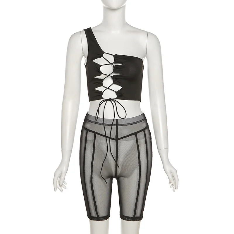 

Zoctuo Casual 2 Piece Short Set Women Hollow Out One Shoulder Sleeveless Vest Crop Top Short Set Tracksuit Lace Up Short Sets