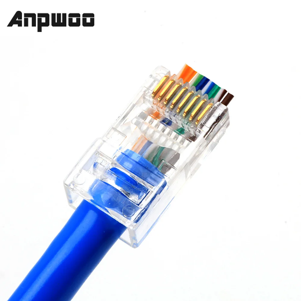 

ANPWOO 20/50/100pcs RJ45 Connector 6U Gold PlatedPass Through Ethernet Cables Module Plug Network RJ-45 Crystal Heads Cat5 Cat5e