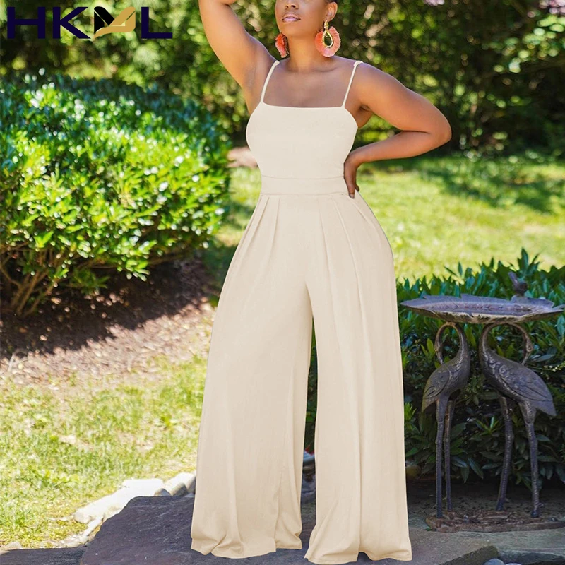 

2021 New Women Jumpsuit Solid Color One Shoulders Spaghetti Strap Wide Legs Overalls Elegant Casual Loose Jumpsuit