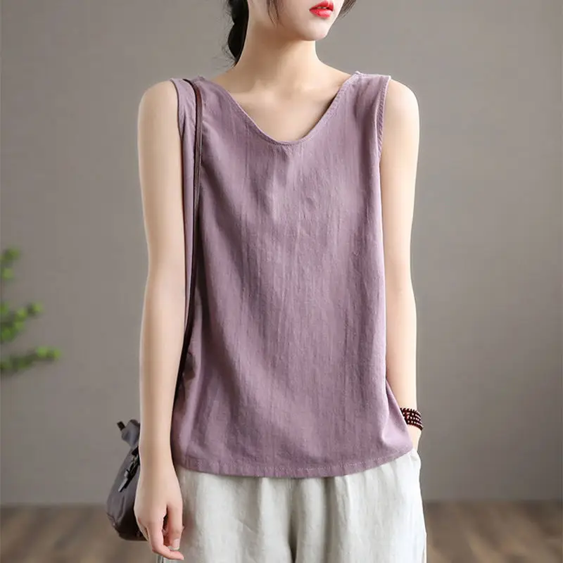 

Cotton Line Tanks Camis Women Summer Top V-neck Large Size Loose Casual Mom Vest Sleeveless Solid Woman T-shirts Streetwear