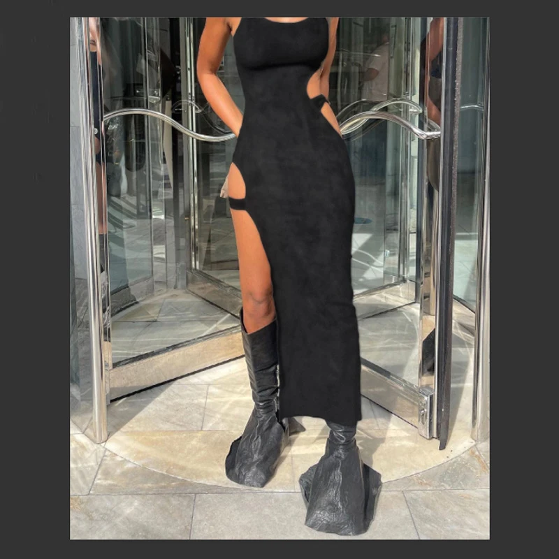 

NOVAINSPO Hollow Out Solid High Waist Side Split Maxi Dresses For Women 2021 Summer Baddies Fashion Outfits Street Camis Dress