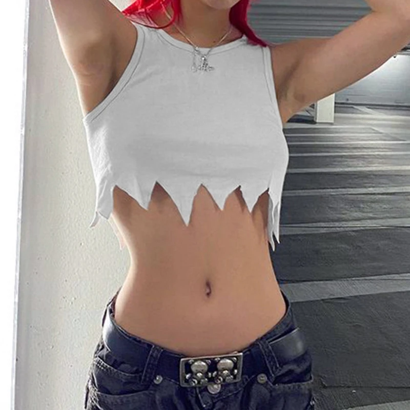 

Personalized High Street Irregular Vest Top Solid White Round Collar Sleeveless Sexy Slim Short Tees Women's Fashion Streetwears