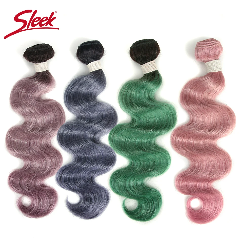 Sleek Remy Ombre Bundles Hair Extension Purple Pink and Green Color Brazilian Hair Weave Bundles Body Wave Virgin Hair Extension