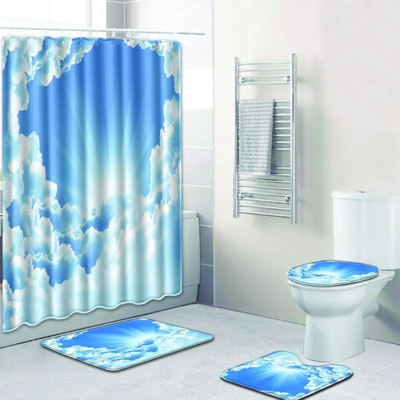 

Zeegle 3d Cloud Toilet Rug Set Toilet Decor Rug Shower Curtain with Bath Mat Washable Floor Rug Anti-slip Bath Foot Mat Doormat
