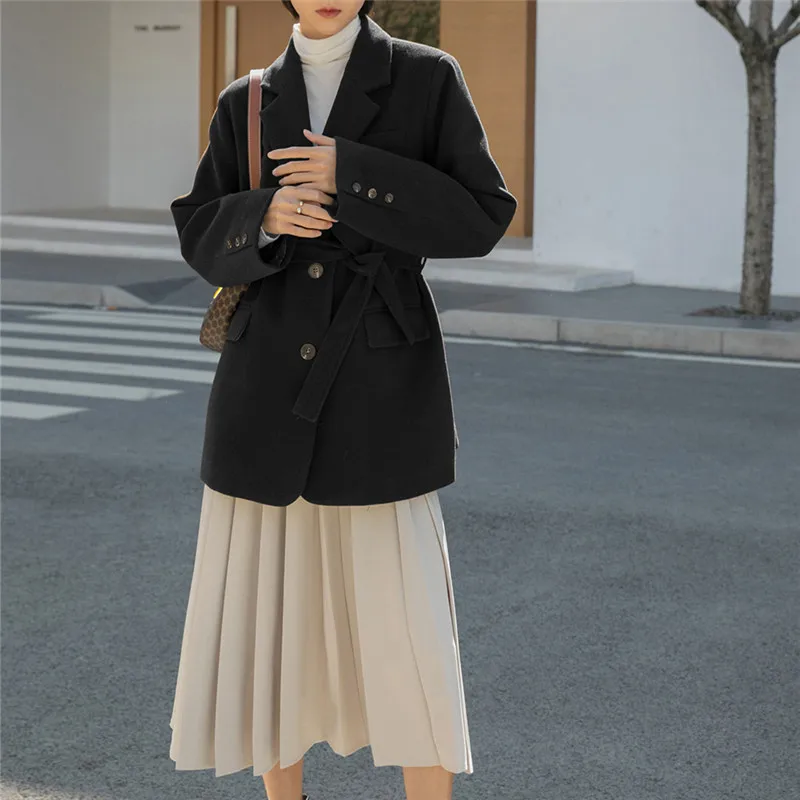 

Autumn And Winter New Simple Pure Color Casual Thick Suit Collar Double Breasted Long Sleeve Woolen Fashion Jacket Female C194