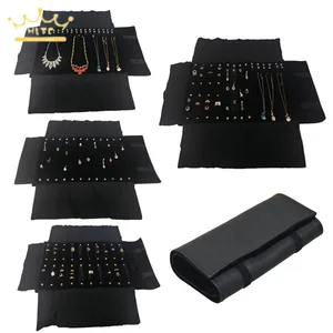 Ювелирные изделия упаковка мешочек для ожерелья ролл Органайзер сумка Кольцо Серьги бархат переноски черный кожаный держатель дисплея