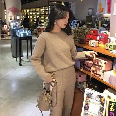 

2020 2 Pieces Set Women Knitted Tracksuit Turtleneck Sweater + Carrot Jogging Pants Pullover Sweater Set CHIC Knitted Outwear