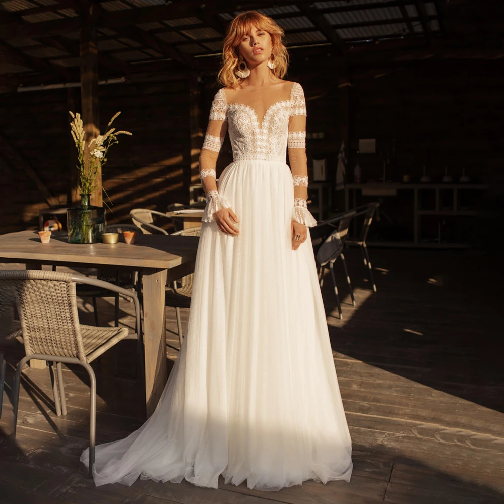 

Long Sleeve A Line Rustic Lace Wedding Dress Custom Sheer Back Pearls Made Garden Floral High Split Tulle Beach Bridal Gown