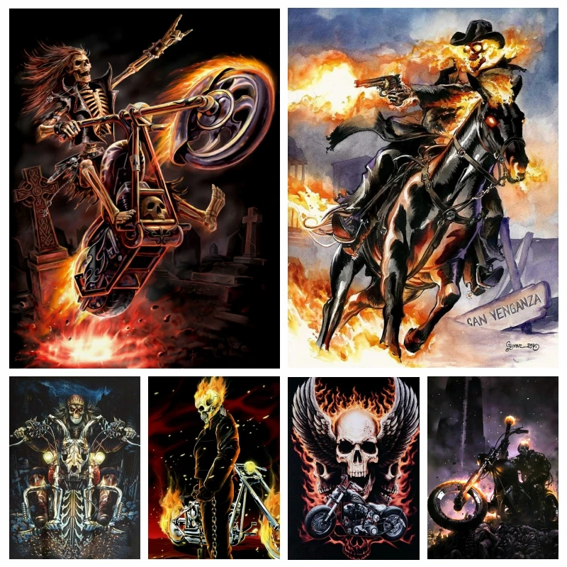

5d Diamond Embroidery Skull Ghost Rider Art Painting Full Square Round Drills Mosaic Cross Stitch Rhinestone Artwork Room Decor