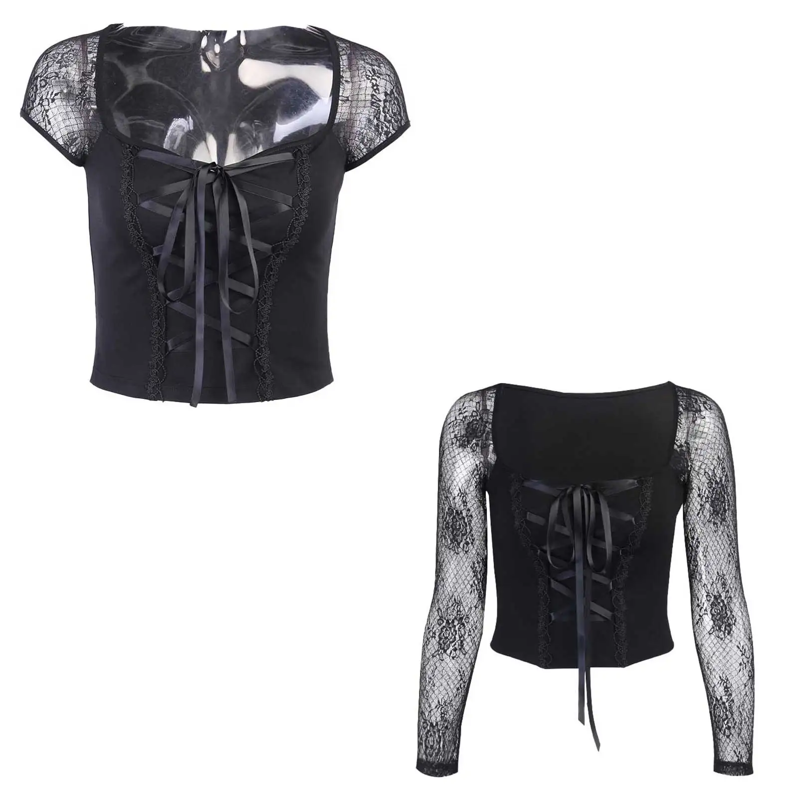 

# S-XL Женская кружевная Лоскутная футболка с длинным/коротким рукавом на шнуровке, облегающий кроп-топ, сексуальная уличная Клубная одежда