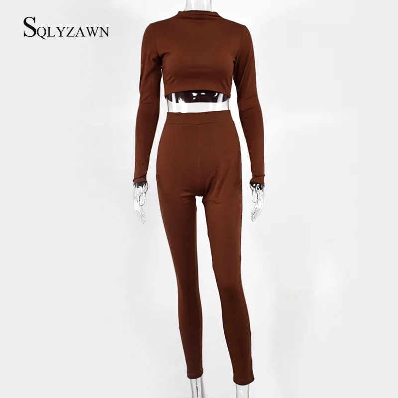 

Women Two Pieces Outfits Sports Fitness Tracksuit Vintage Elastic Long Sleeve Crop Top and High Waist Leggings Casual Sweatsuit