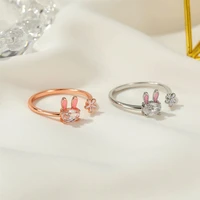 new cute flower ring bunny metal crystal rings for women girl simple animal aesthetic jewelry friendship ring for men adjustable