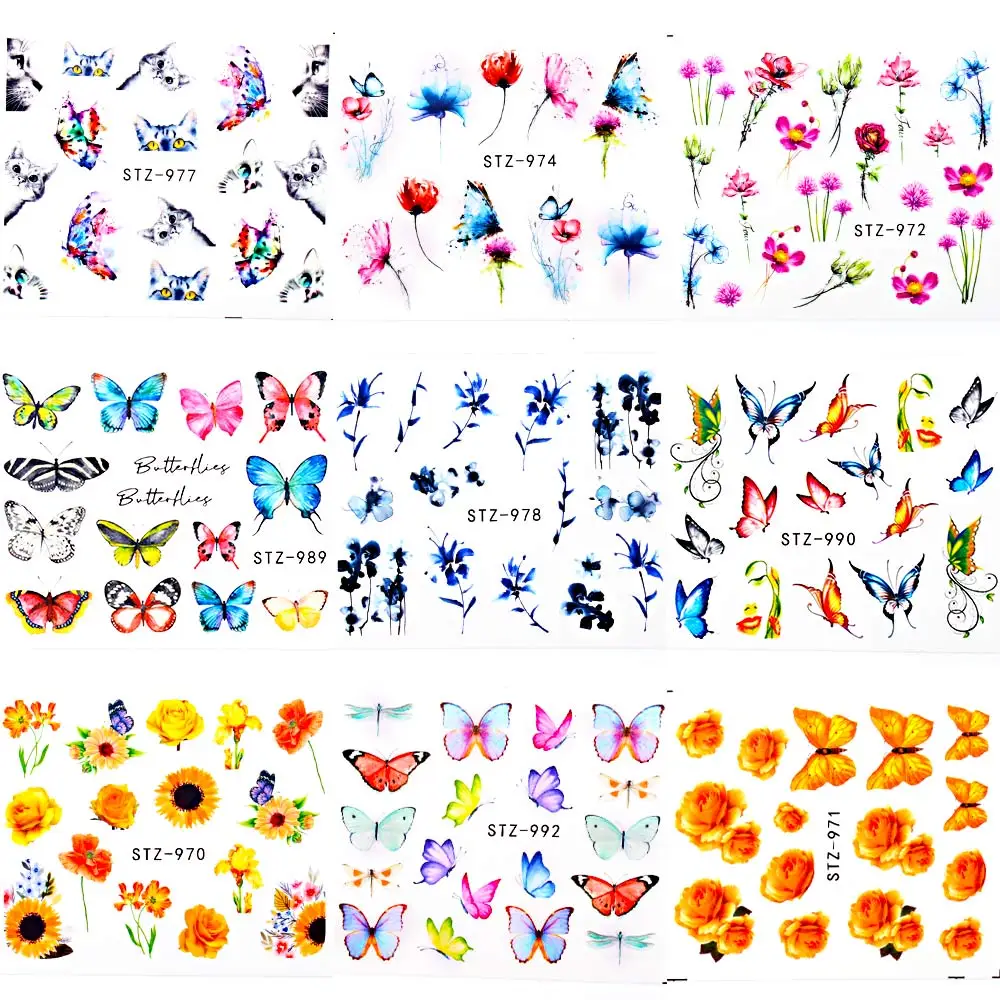 

18Pcs Water Nail Decal and Sticker Flower butterfly Color Summer DIY Slider for Manicure Nail Art Watermark Manicure Decor