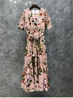sweet pink long dress 2022 spring summer fashion style women o neck tropical prints belt deco short sleeve silk long maxi dress