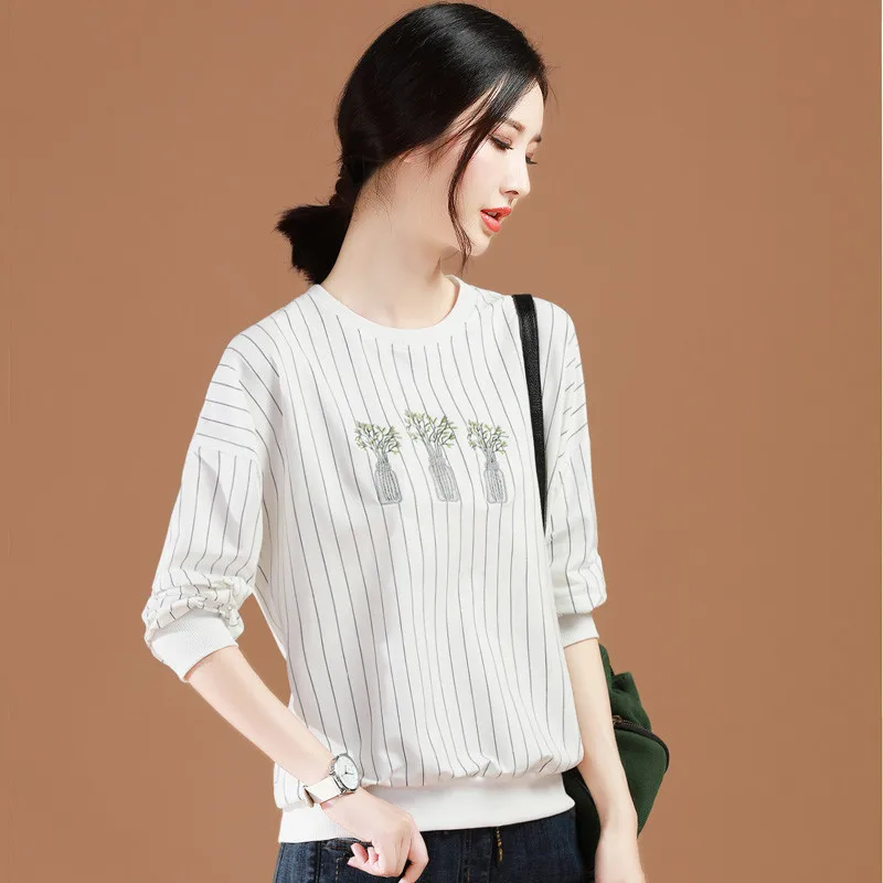 Женские повседневные полосатые рубашки с длинным рукавом хлопковая белая блузка