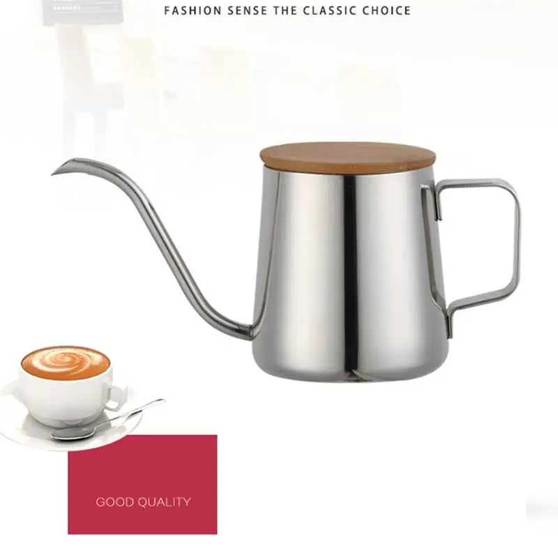 

350ml Gooseneck Drip Kettle Non-Stick Food Grade Stainless Steel Thin Mouth Swan Neck Coffee Tea Pot Wooden Cover Coffeeware