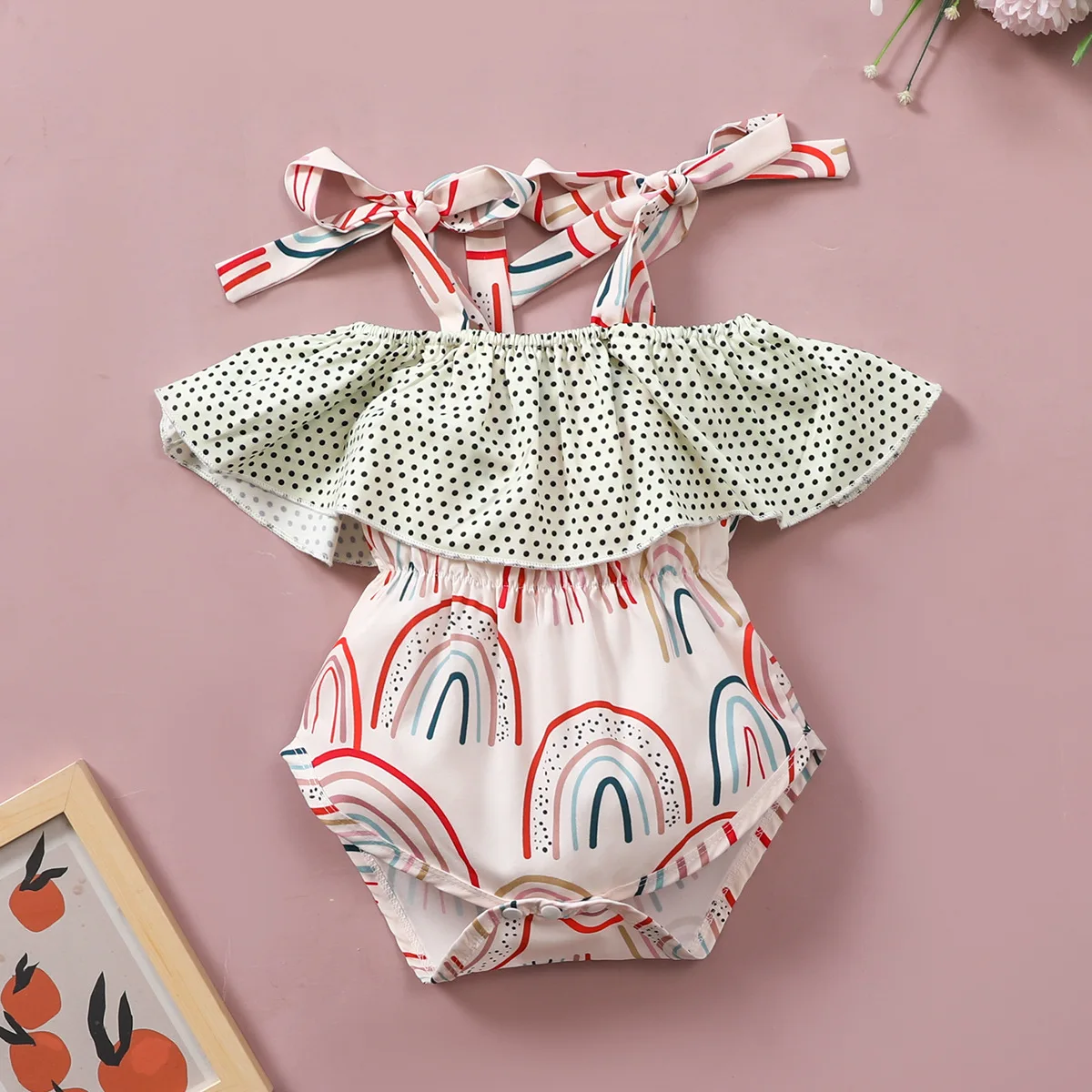

Newborn Romper Summer Clothing Newborn Baby Girl Floral Bodysuit Ruffle Sleeve Infant Rainbow Print Jumpsuits Outfit Set
