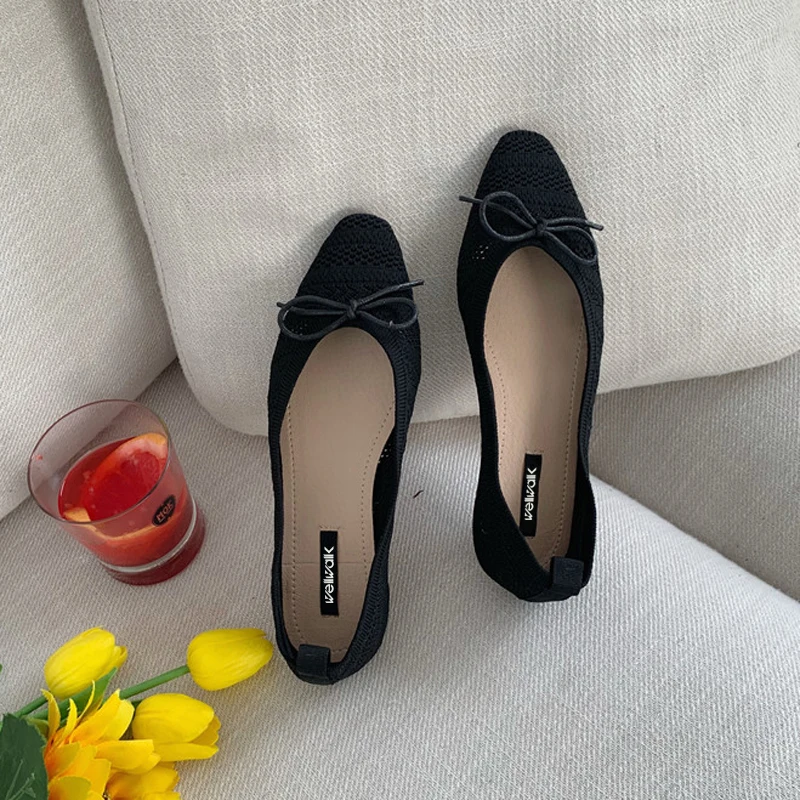 Женские балетки на плоской подошве туфли с бантом и квадратным носком мягкие