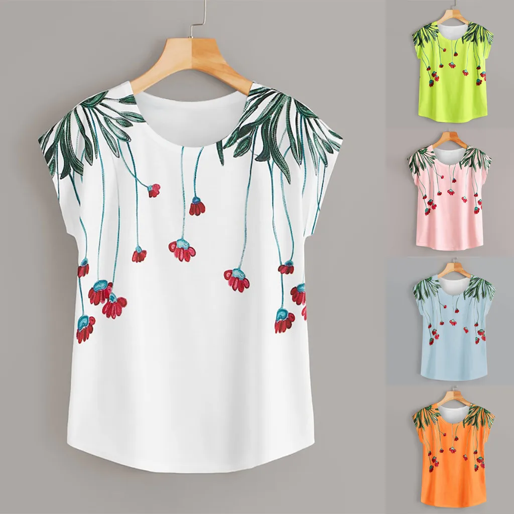 Женская футболка с цветочным принтом модная повседневная круглым вырезом и