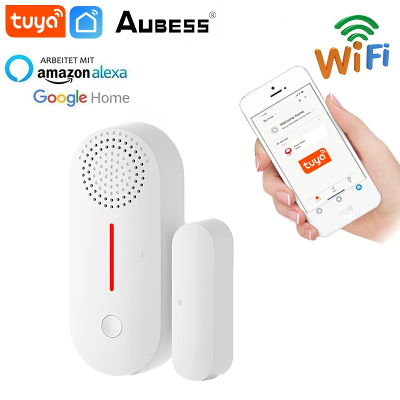 

Смарт-детекторы открытия/закрытия двери Tuya, Wi-Fi, домашняя сигнализация, совместимая с Alexa Google Home, Tuya APP aubess