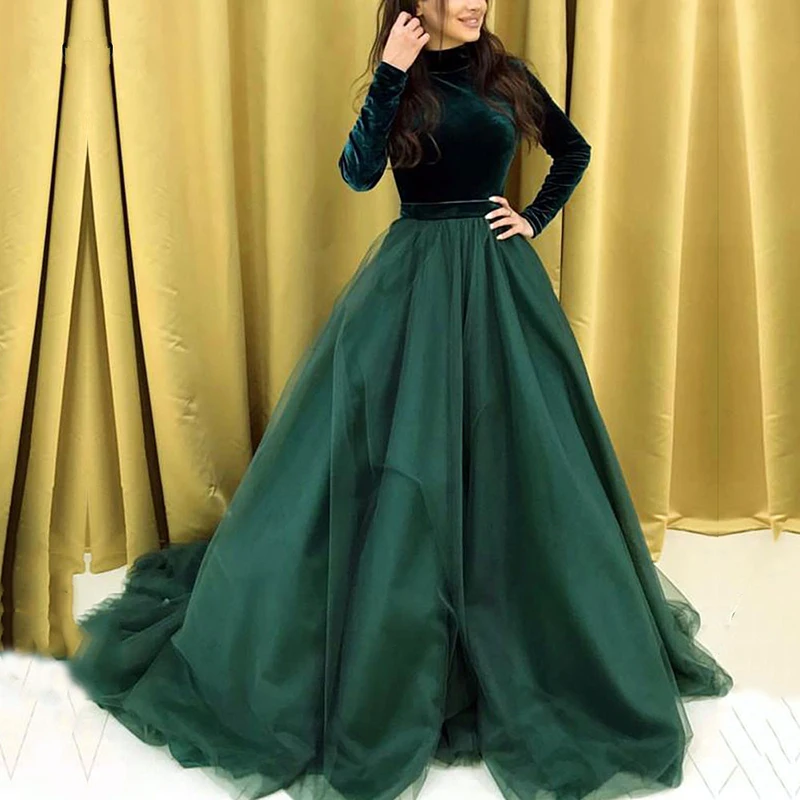 

2021 Long Sleeve Muslim Evening Dress High Neck Green Blue Velvet Islamic Dubai Kaftan Saudi Arabic Prom Party Gowns Vestidos